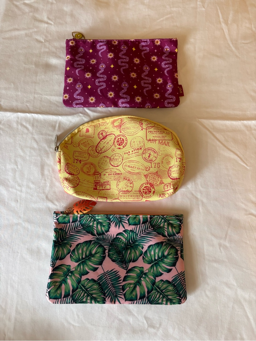 Set of 3 IPSY Cosmetic Pouches in Purple, Yellow, Pink & Green Leaf Print